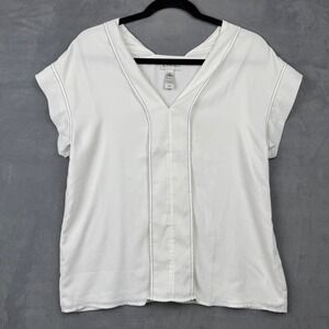 Neiman Marcus White Stitch V-Neck Cap Sleeve Top Blouse Women's Size‎ S